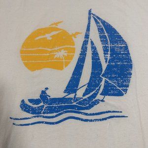 Man on sailboat in tropical sunset TShirt Mens 3XL White Tee Delta